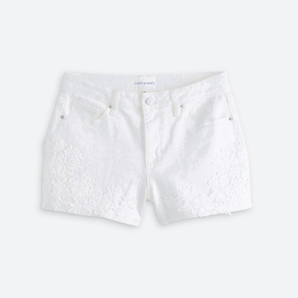 Poppy & Grace White Denim Floral Applique Short, Size 32 (14), 3" Inseam